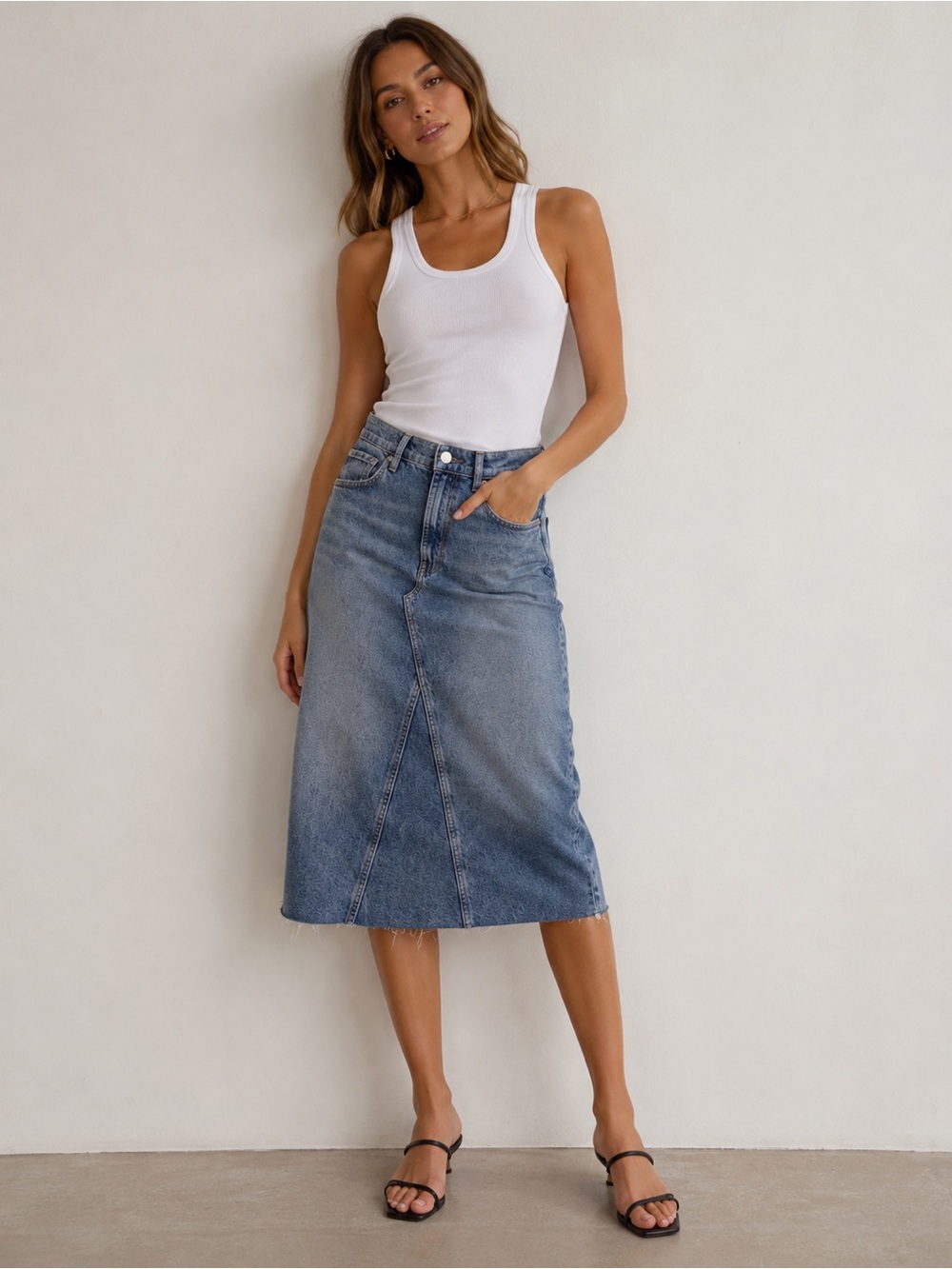 Rails Highland Denim Midi Skirt | Size 30 | Raw Hem